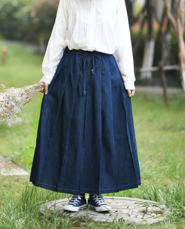 受注制作 スカート＊プリーツデニムスカート＊コットン＊Aライン