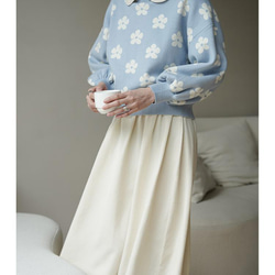 溫柔藍 風鈴藍花朵圓領毛衣 清新和風少女感寬鬆短款甜美針織衫 第8張的照片