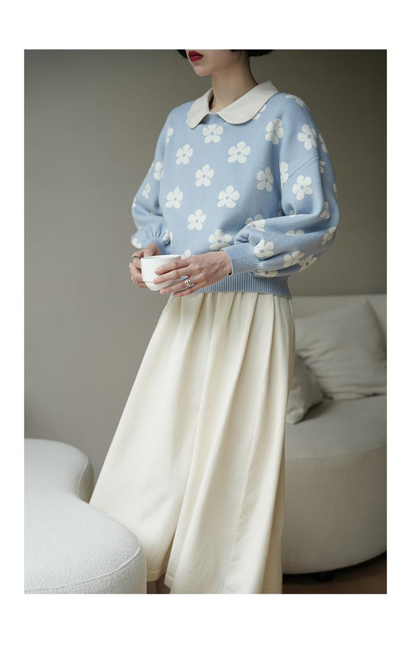 溫柔藍 風鈴藍花朵圓領毛衣 清新和風少女感寬鬆短款甜美針織衫 第8張的照片