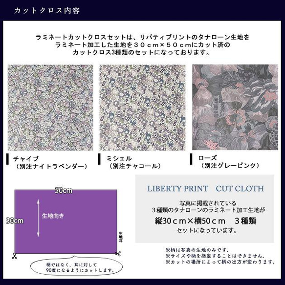 リバティ【ラミネートセット】シックパープル系02　カットクロス　３種類　カット済（約30cm×50cm）ビニコ　生地 3枚目の画像