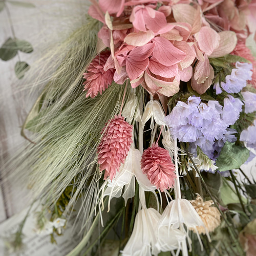 春のナチュラルピンクスワッグ:ドライフラワースワッグ スワッグ 花 