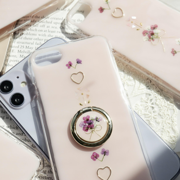 新色♡リング付きベビーピンクベース　押し花スマホケース iPhoneケース Android 全機種　クリア 4枚目の画像