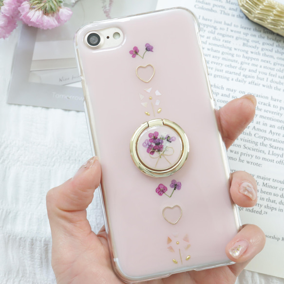 新色♡リング付きベビーピンクベース　押し花スマホケース iPhoneケース Android 全機種　クリア 2枚目の画像