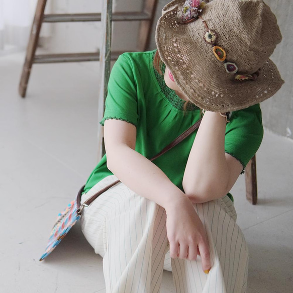 花かんむりの手編みリネンハット（22s-10）モーブピンク 5枚目の画像