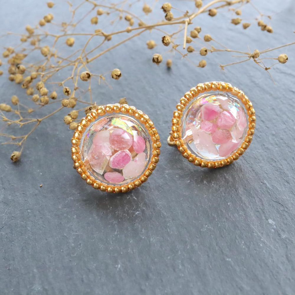 粉色碧璽♢珠子+寶石♢樹脂全息耳環天然石生日石金珠粗電 第5張的照片