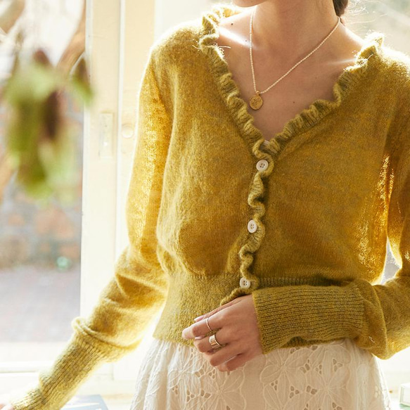 ヴィンテージ風 Vネック フリルニット カーデ カーディガン jadore