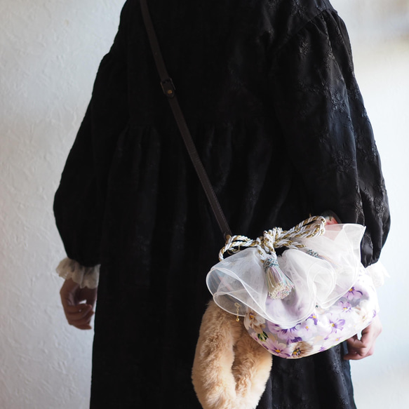春爛漫ふわふわ乙女気分レース付き猫型巾着ショルダーバッグ(一点作品/送料無料) 18枚目の画像