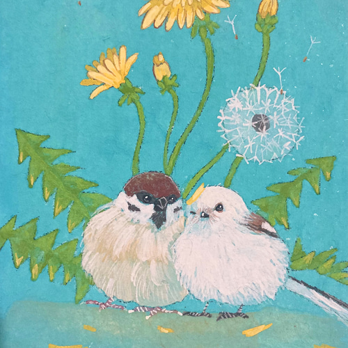 春の日本画 タンポポと春の小鳥たち インテリアアート 鳥の絵画