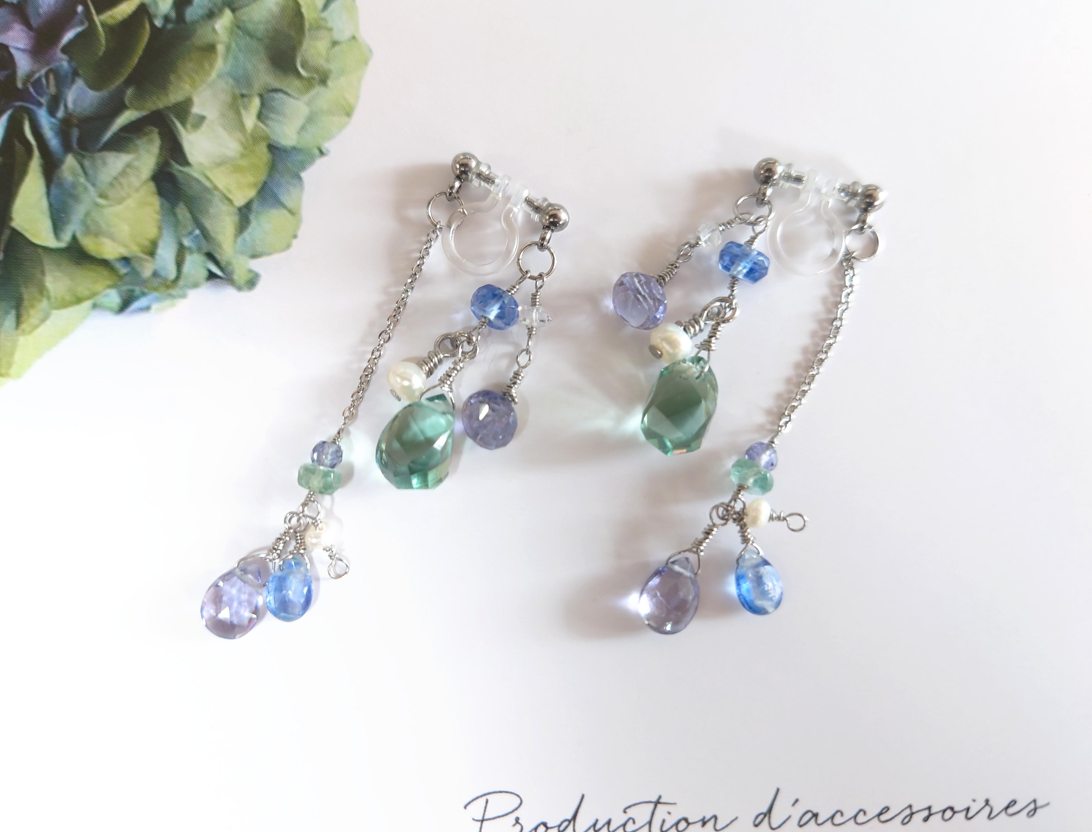 サージカルステンレスluxe✨グリーンフローライトやカイヤナイなどブルーグリーン天然石のピアス風両カンイヤリング