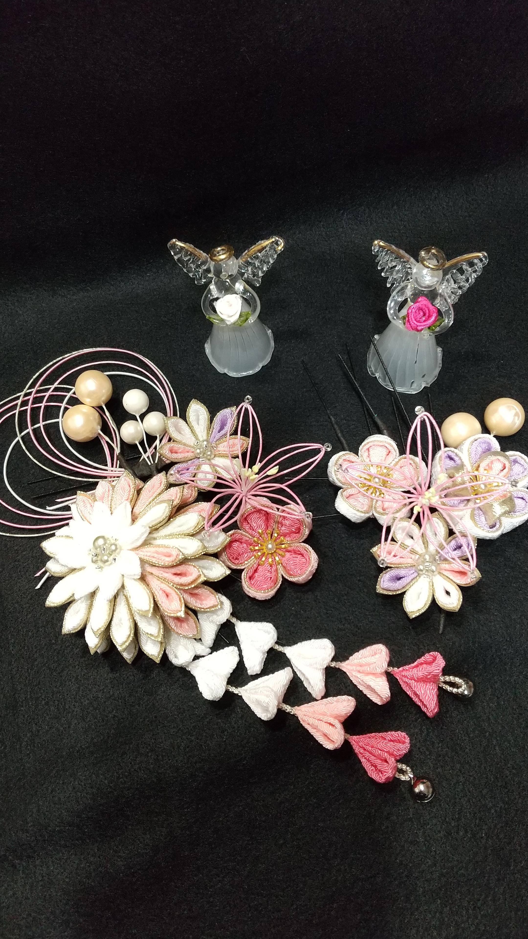 ｢受注製作｣つまみ細工&水引  成人式  卒業式、七五三などの髪飾り｢ちりめん｣ ピンク、紫、しろ、金