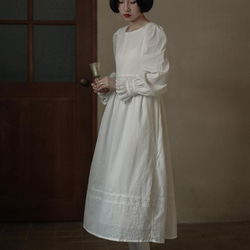 治癒系白色 棉質竪條提花少女洋裝 法式花邊袖高腰連身裙 含裡布 第1張的照片