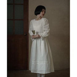 治癒系白色 棉質竪條提花少女洋裝 法式花邊袖高腰連身裙 含裡布 第10張的照片