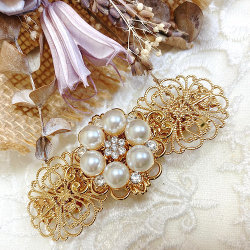 大振り♪♪透かしレースゴールドとキラキラパール❤︎バレッタ ( 結婚