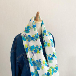 花、植物♪ 春夏水彩圍巾、藍色、棉麻、棉麻、天然、母親節、雙層、長款 第6張的照片