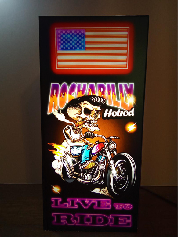 ホットロッド カスタムバイク ロカビリー スカル ガレージ サイン 看板 置物 雑貨 LED2wayライトBOX 1枚目の画像