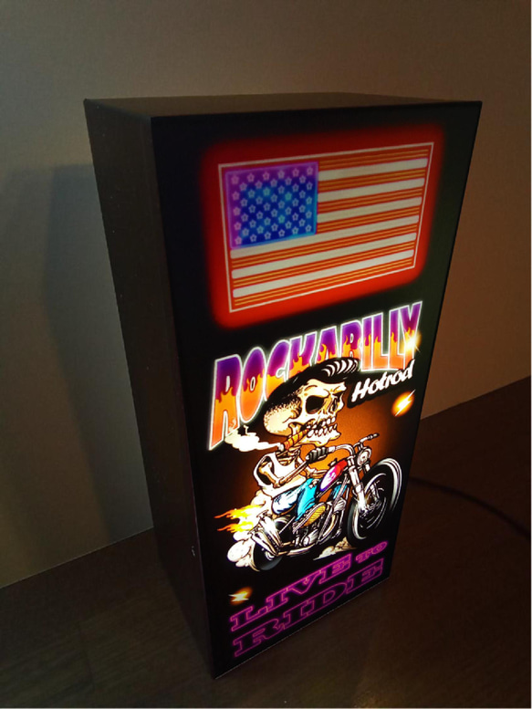 ホットロッド カスタムバイク ロカビリー スカル ガレージ サイン 看板 置物 雑貨 LED2wayライトBOX 3枚目の画像