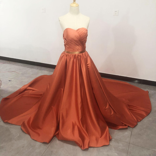 高品質！ カラードレス 茶色テラコッタ ベアトップ ロングトレーン  