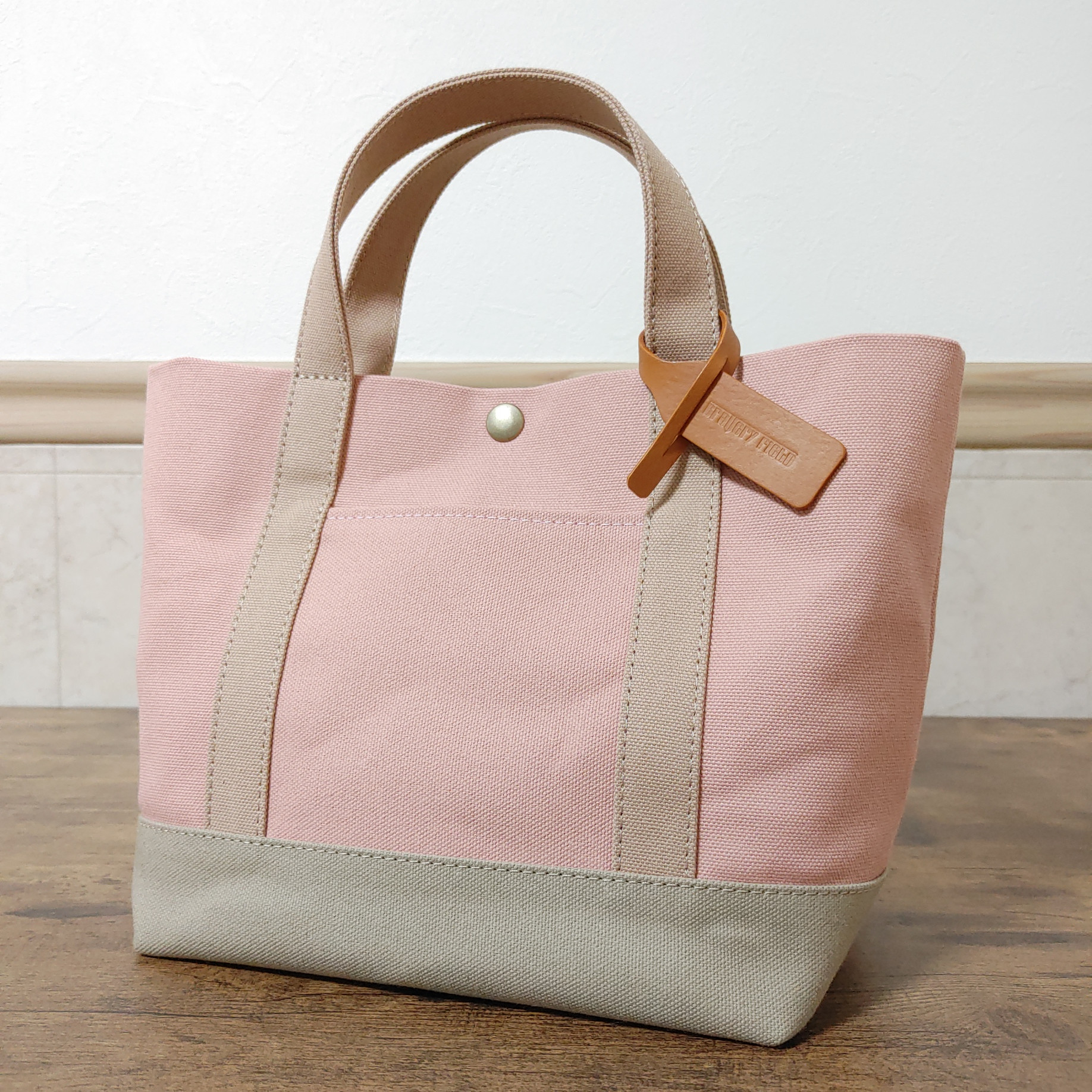 【keep my closet】本牛革 グレー＆ピンクのトートバッグ 帆布トートバッグ S オールドローズ×フォーン×グレージュ トート