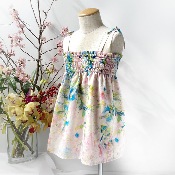 水彩花柄ワンピース　140㎝ ❀春色❀ピンクの水彩花柄ワンピース 子供服 cotoline 通販