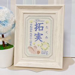 みんな大好き“りすさんモチーフ”の刺繍命名書　　　命名書　名前旗　名入れ　刺繍　オーダー　出産祝い　お食い初め　ベビー 2枚目の画像