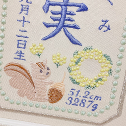 みんな大好き“りすさんモチーフ”の刺繍命名書　　　命名書　名前旗　名入れ　刺繍　オーダー　出産祝い　お食い初め　ベビー 4枚目の画像