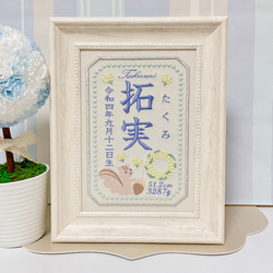 みんな大好き“りすさんモチーフ”の刺繍命名書　　　命名書　名前旗　名入れ　刺繍　オーダー　出産祝い　お食い初め　ベビー 7枚目の画像