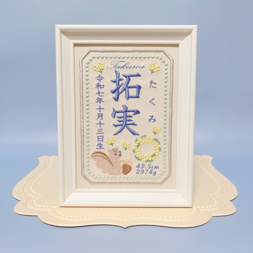 みんな大好き“りすさんモチーフ”の刺繍命名書 命名書 名前旗 名