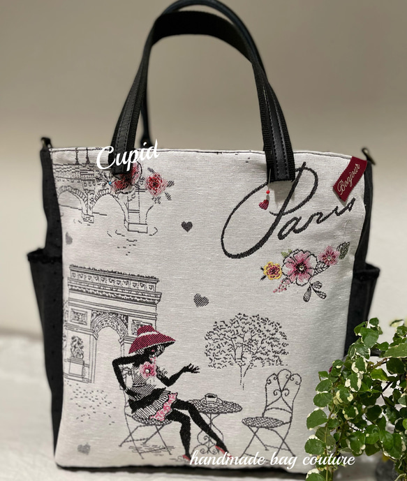 フランスジャガード織り　パリジェンヌ・モニュメント柄使用のサイドポケット付き2Wayトートバッグ　1点物 3枚目の画像