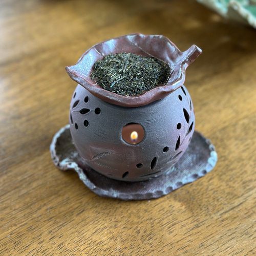 満月と三日月の灯りが揺れる焼き締め茶香炉&葉皿 リラクゼーション