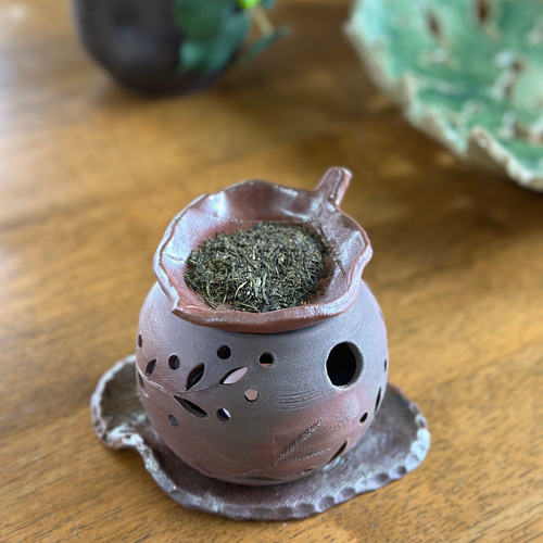 満月と三日月の灯りが揺れる焼き締め茶香炉&葉皿 リラクゼーション