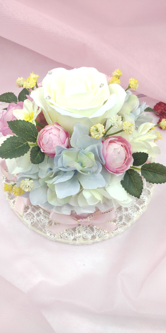 結婚祝いにフラワーケーキ♡アーティシャルフラワー　バラ　ベビーピンク　お呼ばれ　贈答品　おしゃれ　ウェディング　上品　 12枚目の画像