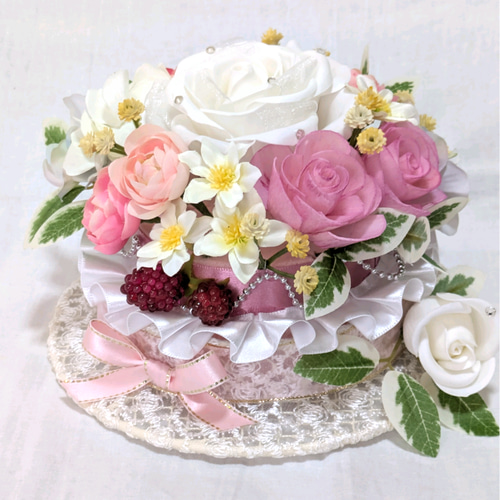 結婚祝いにフラワーケーキ♡アーティシャルフラワー バラ ベビーピンク