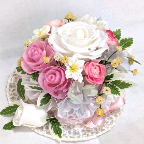 結婚祝いにフラワーケーキ♡アーティシャルフラワー バラ ベビーピンク