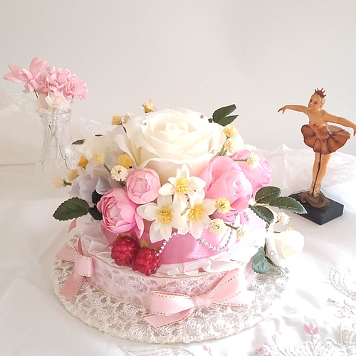 結婚祝いにフラワーケーキ♡アーティシャルフラワー バラ ベビーピンク
