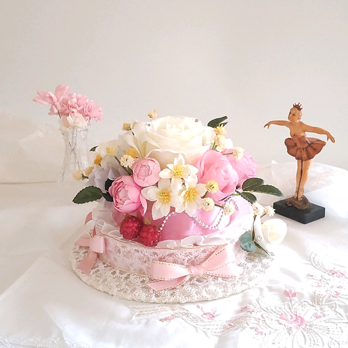 結婚祝いにフラワーケーキ♡アーティシャルフラワー バラ ベビーピンク