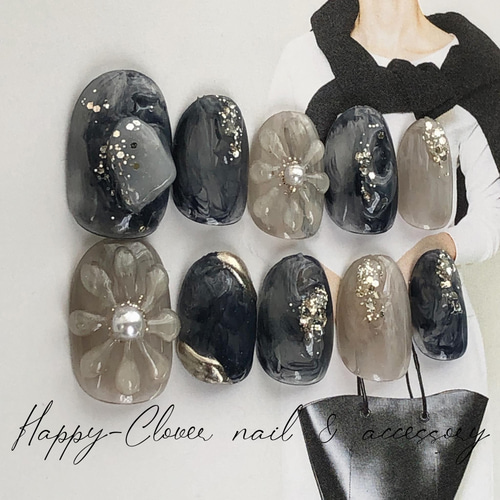 ジェルネイルチップ シアーマーブルのぷっくりフラワーニュアンス  