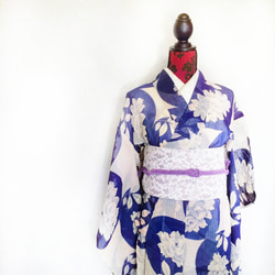 ⭐送料無料⭐半幅帯 Flower lace ラベンダー／紫 レース バラ ストライプ 白 4枚目の画像