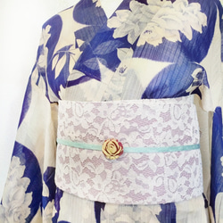 ⭐送料無料⭐半幅帯 Flower lace ラベンダー／紫 レース バラ ストライプ 白 3枚目の画像