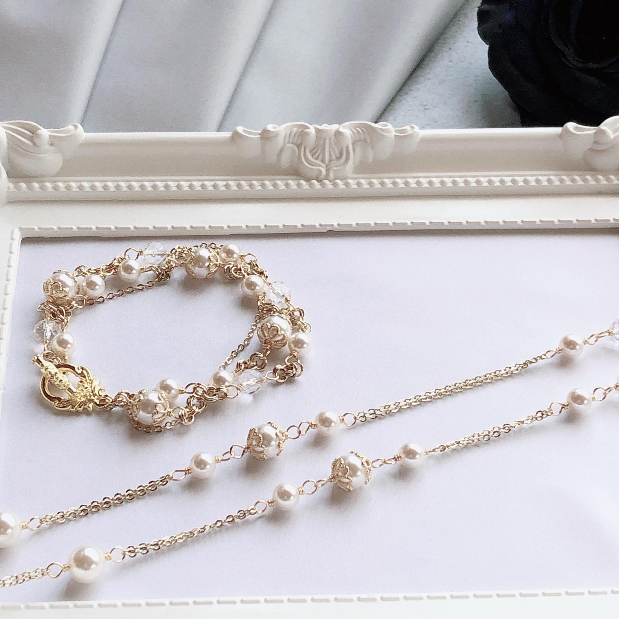 スワロパールと水晶の5wayネックレス＆ブレスレット