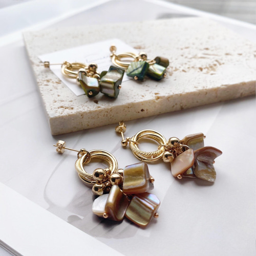 淡水シェル×トリプルサークルピアス/イヤリング⑅*॰ॱ ピアス（その他