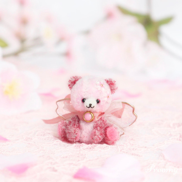 Proomy 赤ちゃんフェアリークマさん 桜 ピンク×レッド ミニチュア テディベア インテリア 3枚目の画像