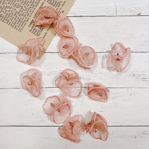 6個】カン付き オーガンジーフラワー 3連 シフォンフラワー チャーム