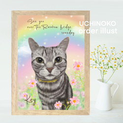 ペット似顔絵　虹の橋　オーダーメイド　2Lサイズ　イラスト　犬　猫　お描きします　UCHINOKO メモリアル 2枚目の画像