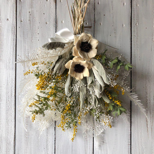 星月猫☆「ミモザとパインフラワー、ラムズイヤーのスワッグ」ドライ