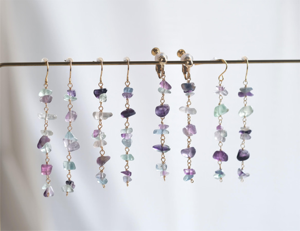 handahófi multi fluorite earring：マルチフローライト　ロングピアス・イヤリング　天然石 4枚目の画像