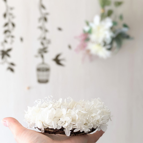 真っ白紫陽花ミニリース ふわふわプリザーブドフラワー 玄関