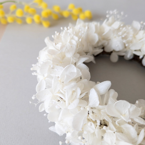 プリザーブドフラワーリース♡白いアジサイの中のシマエナガ プリザーブドフラワーリース♡白いアジサイの中のシマエナガ - メルカリ