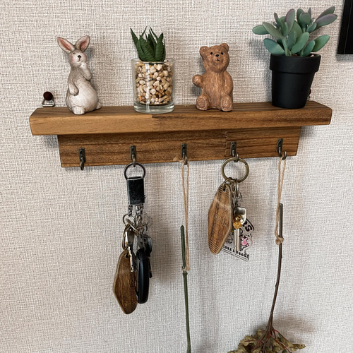 飾り棚付き◇木製 5連キーフック◇壁がけ◇カラー変更可 壁掛け
