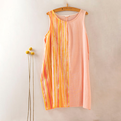SALE☆手描き染めワンピース / 伊勢木綿 / しましま・ピンク＆オレンジ  
