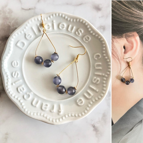 826 再販 シルバー ネイビー チェーン ハンドメイド ピアス